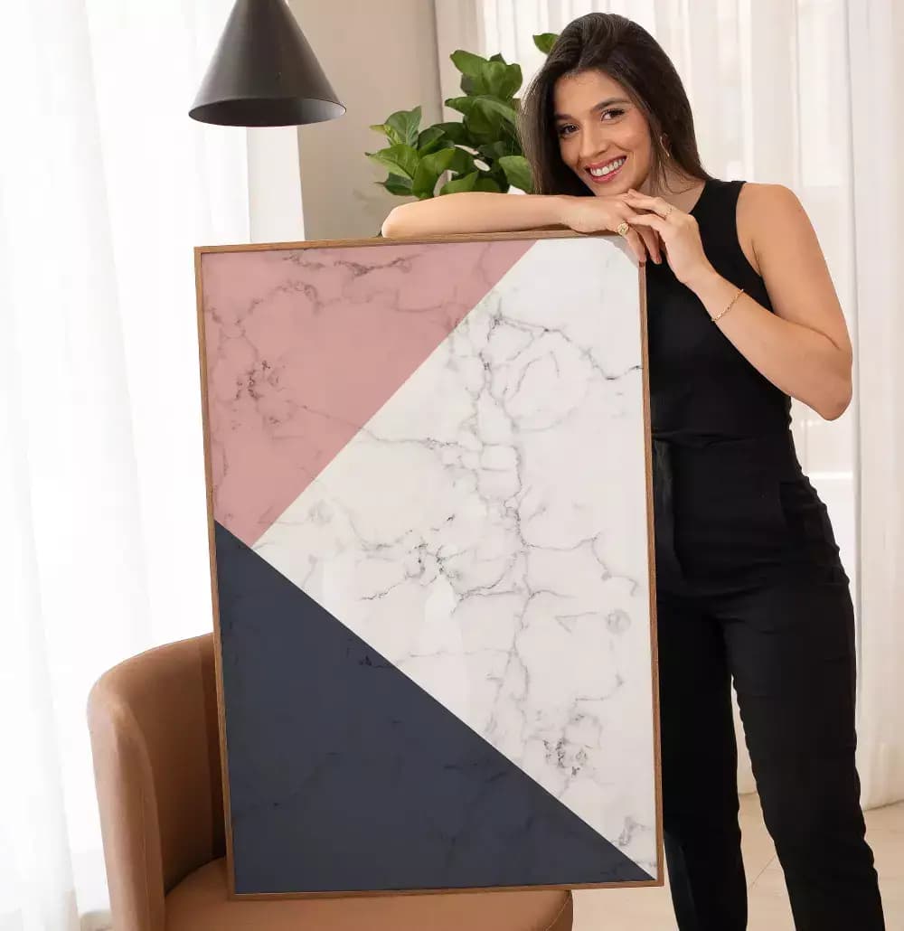 Quadro Decorativo Formas Geométricas de Mármore Azul e Rosé