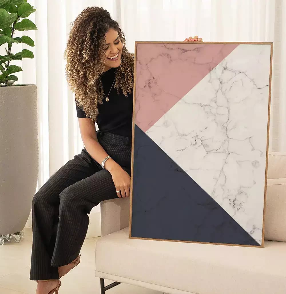 Quadro Decorativo Formas Geométricas de Mármore Azul e Rosé