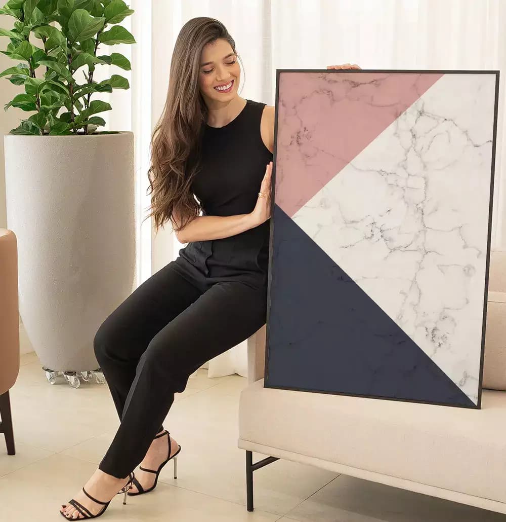 Quadro Decorativo Formas Geométricas de Mármore Azul e Rosé