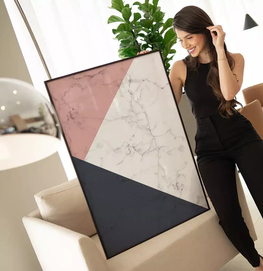 Quadro Decorativo Formas Geométricas de Mármore Azul e Rosé